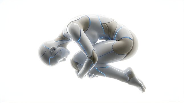 White humanoid AI robot curled in vulnerable fetal position