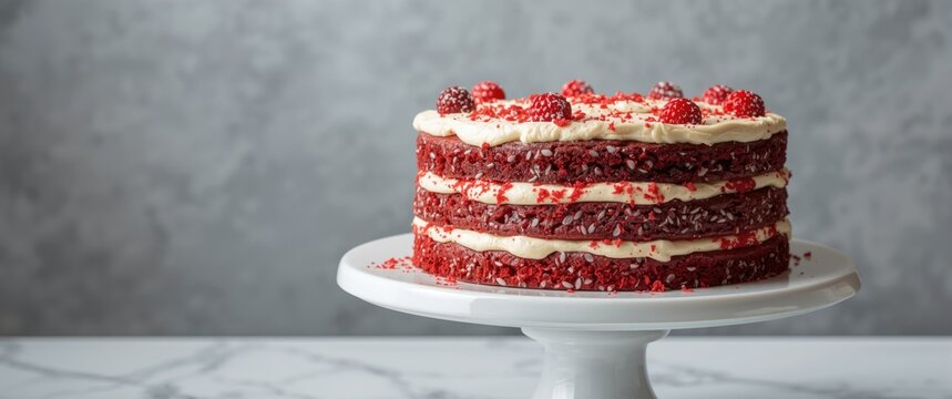 Red velvet cake with joyful appeal on a white cake stand and clear copy space