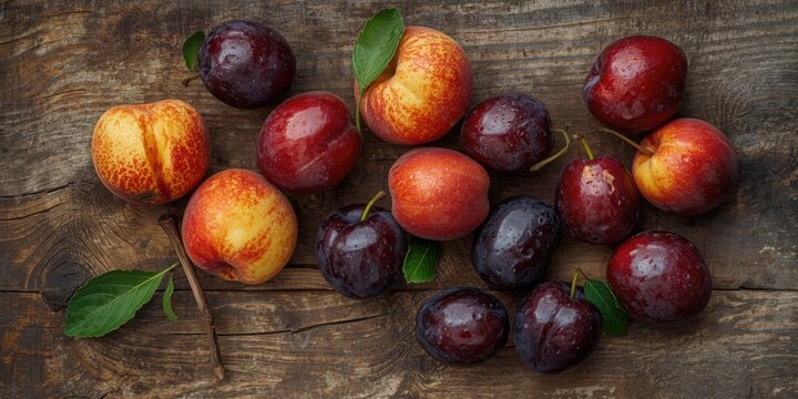 Juicy peaches and ripe plums arranged on a weathered wooden surface for a bountiful harvest