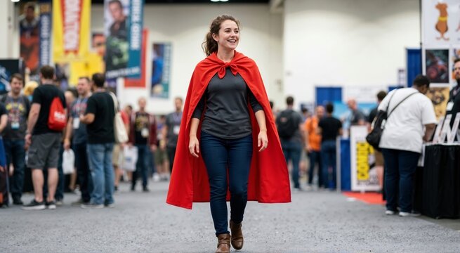 Smiling young woman wearing red superhero cape walking in crowded convention hall. cosplay event