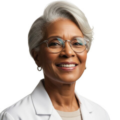 Fototapeta premium Smiling older woman with glasses wearing a white lab coat isolated on transparent background