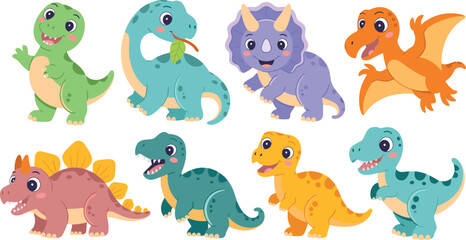 Naklejka premium Cute Baby Dinosaur Cartoon Character Element Set with Tyrannosaurus Rex Triceratops Stegosaurus Brachiosaurus and Pterodactyl for Kids Nursery Designs