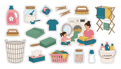 Laundry room chores and washing machine sticker vector illustration set. Mother, child, detergent, basket, clothes rack, powder, brush and clean towels.