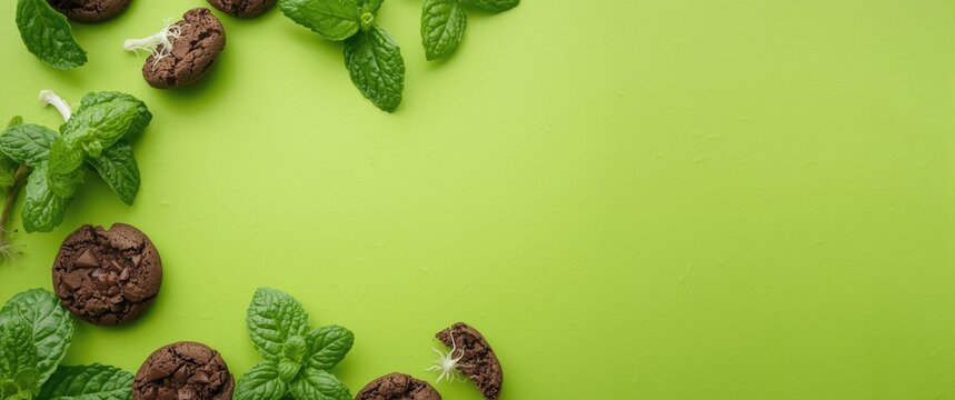 Overhead shot of thin mint chocolate cookies paired with fresh mint leaves on a bright green surface for creative text space