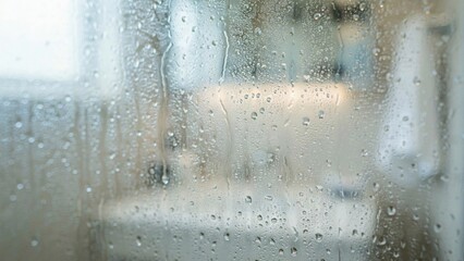 Obraz premium Shower screen covered in condensation droplets obscures the blurred bathroom interior to create a soft atmosphere.