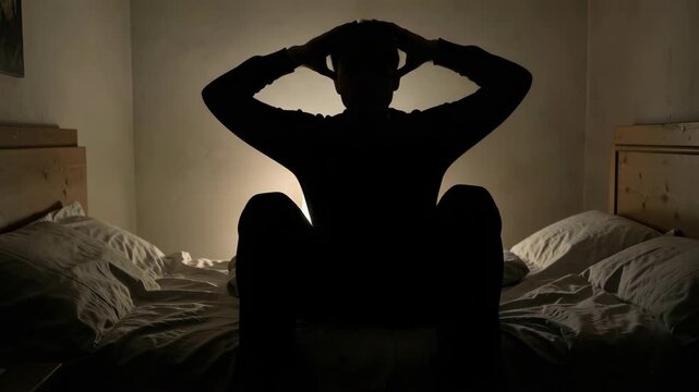 An individual sitting on a bed, leaning forward with hands on their head, against a wall-mounted nightstand and pillow.