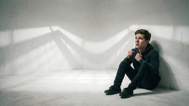 Scared young man sitting on floor clutching fists in defensive pose, abstract mental health crisis, paranoia, anxiety and teenager panic attack concept