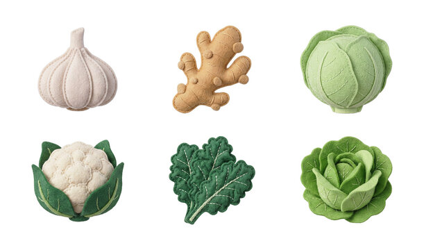 Charming felt/fabric food icons set featuring garlic ginger cabbage cauliflower kale and lettuce vegetables