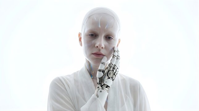 Ethereal humanoid AI robot woman with mechanical hand