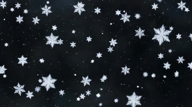 White snowflakes fall against dark background. Flakes vary in size and shape. Gentle, calming winter atmosphere