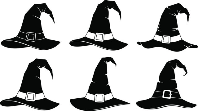 Six black witch hats with buckles silhouette collection