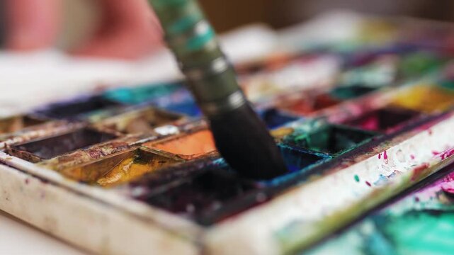 Closeup of artist hand dipping paintbrush into watercolor paint cuvette on palette