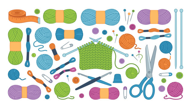 Knitting and crochet craft tools with yarn skeins vector illustration set. Skeins, needles, scissors, tape measure, crochet hooks, buttons, safety pins and threads.