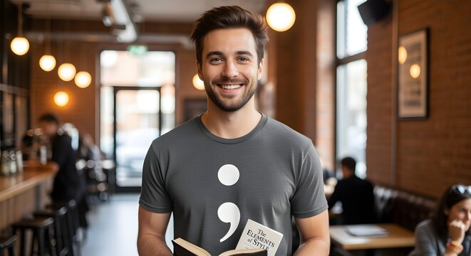 A grammar enthusiast with a t-shirt featuring a large, bold semicolon.