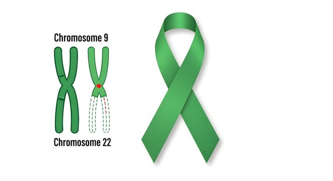 A green awareness ribbon (CML color) and a stylized graphic of the Philadelphia chromosome, on white.