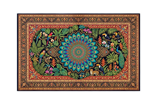 Tropical persian rug featuring exotic animals, isolated on transparent background, png