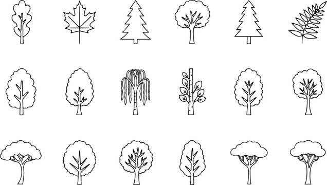 Collection of Diverse Tree Icons and Illustrations.
