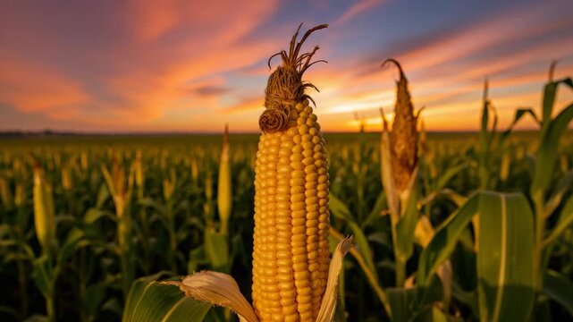 Bright sunset illuminates corn field with orange and yellow hues.
