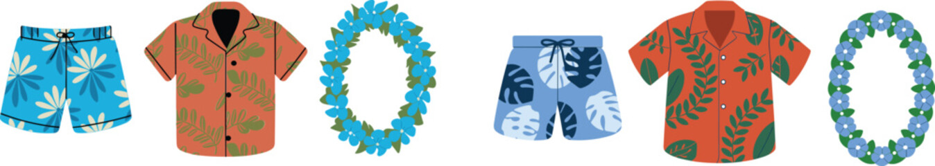 Tropical Hawaiian holiday clothing set with patterned aloha shirts blue floral swim shorts and traditional blue flower lei wreaths vectorTropical Hawaiian holiday clothing set with patterned aloha shi © MdAnowar