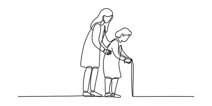 Young woman helping elderly senior grandmother walk with a cane in a continuous line art drawing style showing care support and kindness for old people Vector, illustration