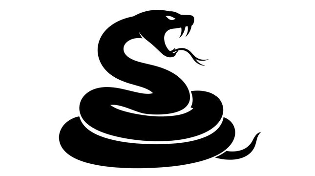 Black silhouette of a coiled snake with an open mouth and sharp fangs on white background