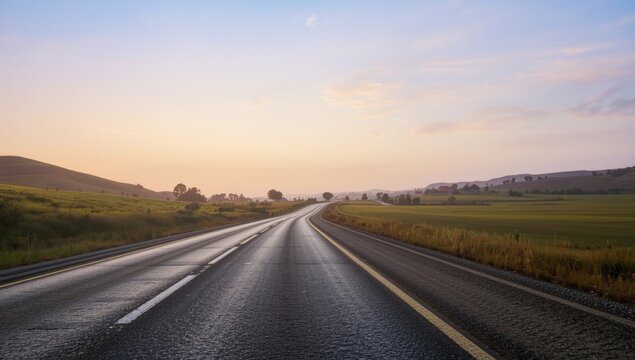 Soft sunrise light highlighting a peaceful empty highway