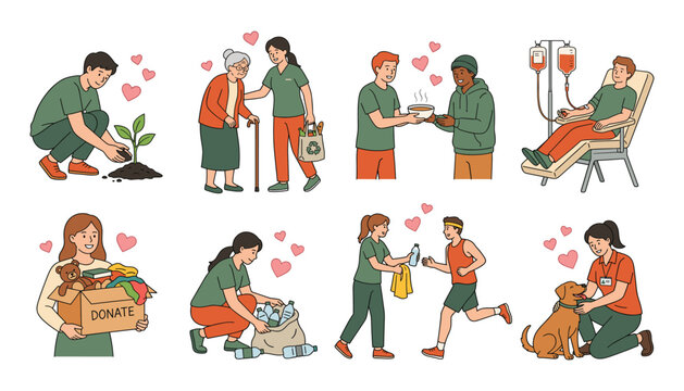 Volunteering and charity social work concepts vector character set. Donation, elderly care, blood donor, soup kitchen, planting trees and recycling.