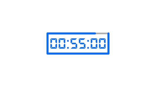 Blue digital countdown timer animation - abstract flat milliseconds clock numbers and electronic stopwatch loop on white background.