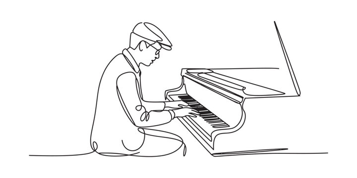 Continuous single line drawing of a man playing grand piano wearing a hat in a simple minimalist art style for music performance and creative hobby concepts Vector, illustration