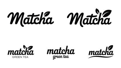 Fototapeta premium Matcha tea vector logo collection featuring hand drawn calligraphy typography with green branches for authentic branding.
