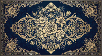 Intricate vintage floral pattern with roses on dark blue background © S.Siam