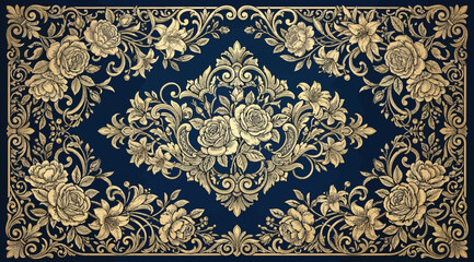 Vintage ornate floral pattern with gold roses and intricate filigree on a deep navy blue background © S.Siam