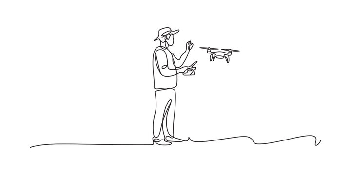 A man wearing a hat standing and controlling a flying drone with a remote controller depicted in a simple continuous single line drawing art style Vector, illustration