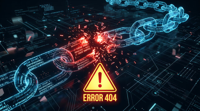 broken digital chain loop exploding with syntax error 404 warning sign on virtual circuit board background representing network disconnection or system crash