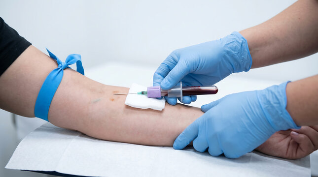 close up of nurse hands in blue gloves drawing blood from patient arm using syringe needle and vacuum tube test for medical checkup analysis or donation in clinic lab