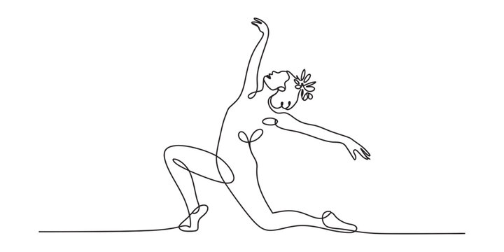 Continuous single line drawing of a graceful woman dancing with a flower in her hair creating a simple elegant art piece for minimalist home wall decor Vector, illustration
