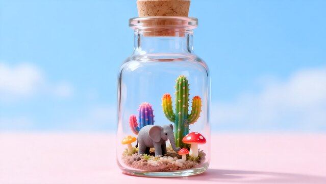 Miniature terrarium with cactus and elephant