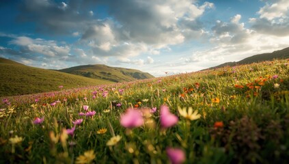 Obraz premium Radiant wildflower carpet covering rolling green slopes under a partly cloudy sky