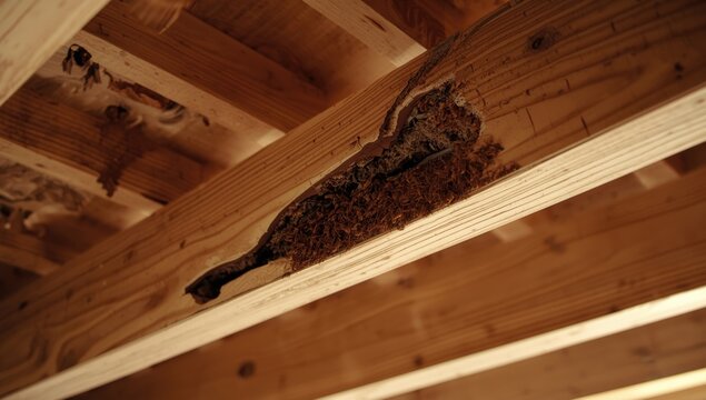 Termite damage compromising wooden beams during house construction process