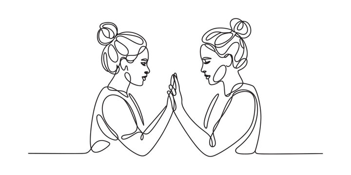Two women touching hands in a continuous line art drawing of best friends showing connection and trust in a minimal modern hand drawn style for design Vector, illustration