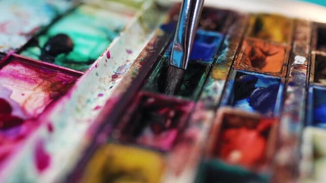 Closeup of artist hand dipping paintbrush into watercolor paint cuvette on palette
