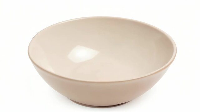 Single beige ceramic bowl on plain white background. Smooth surface with subtle imperfections and soft edges. Light reflection highlights bowl's gentle curvature