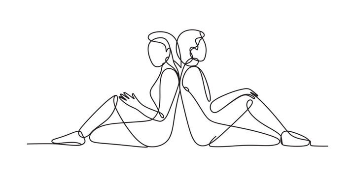 Continuous single line drawing of a young couple sitting back to back in a romantic pose showing love connection and relationship bond in a simple style Vector, illustration