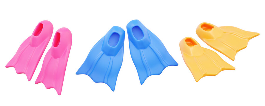 Set of pink blue yellow diving flippers icon floating on isolated background. activity swimwear exercise hobby vacation holiday summer adventure cartoon style. 3d rendering illustration
