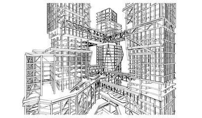 Fototapeta premium Untitled design - 2 Futuristic Urban Building Wireframe Illustration with Architectural Outline Construction and City Development Design