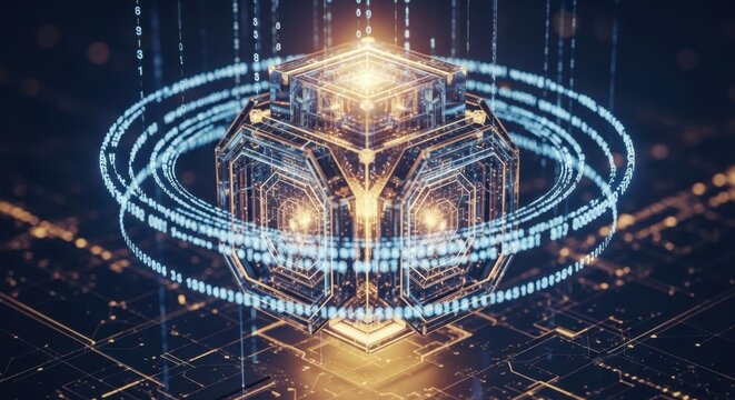 Digital Quantum Computing Core: A glowing, intricate cube structure with orbiting rings and digital data streams, representing the future of advanced technology and computation.