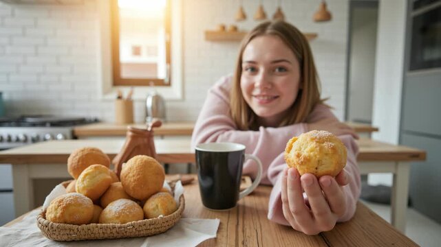Joyful woman leaning over wooden table displaying delicious muffins and coffee.