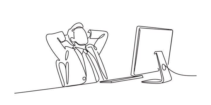 Continuous single line drawing of a relaxed businessman sitting at a desk with a computer monitor after finishing his work task in the office environment Vector, illustration