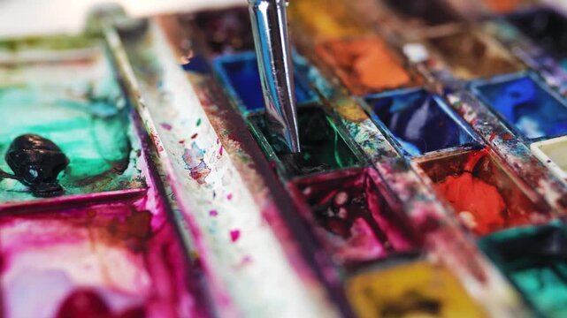 Paintbrush dipping into a green watercolor paint cuvette.