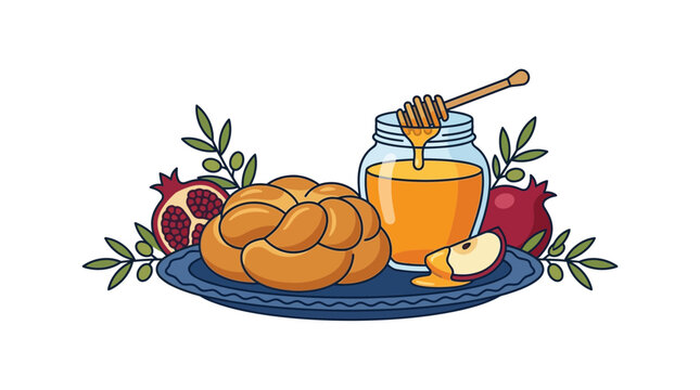 Rosh Hashanah Celebration with Challah Bread Honey and Pomegranate